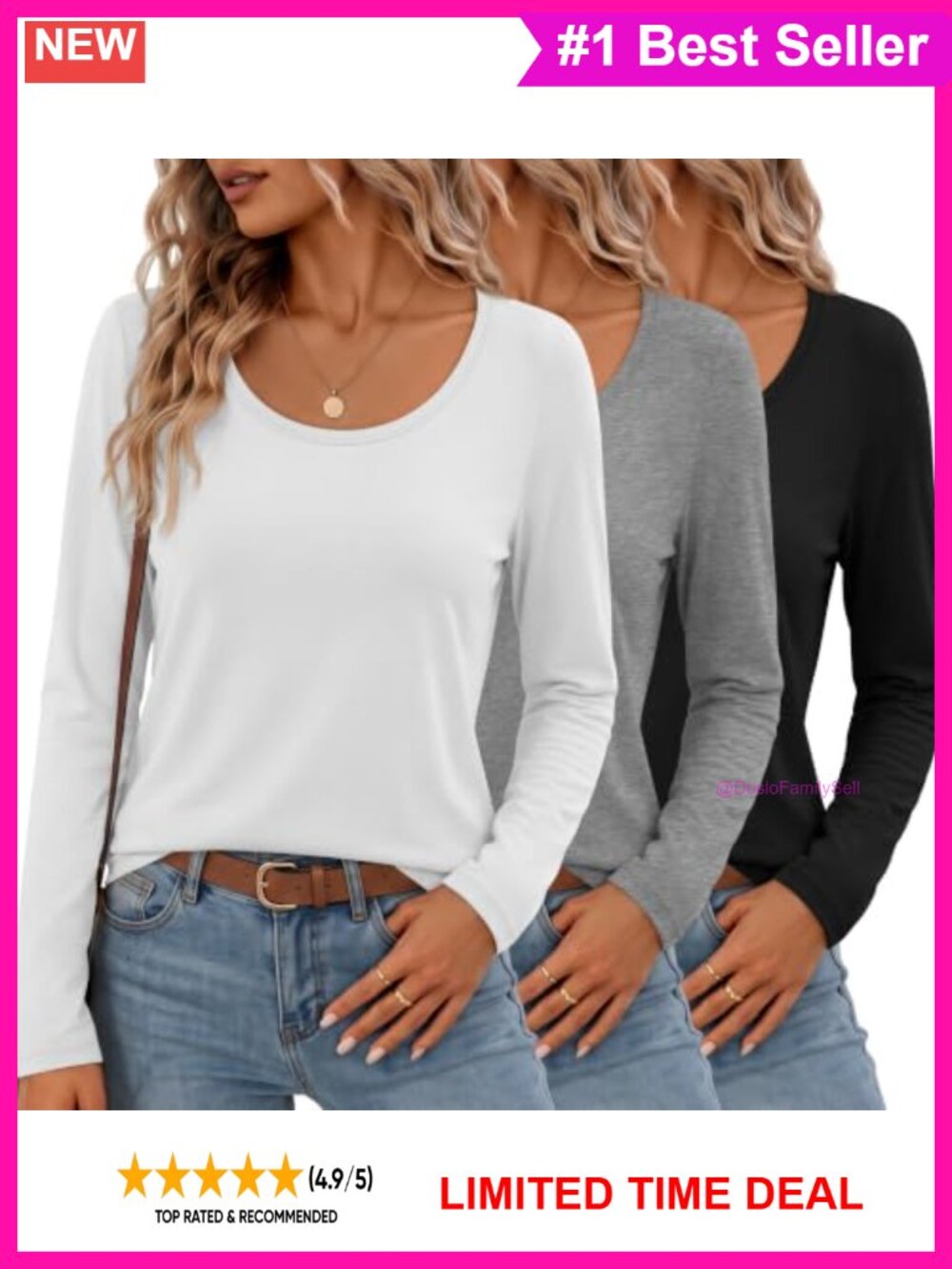 Womens 3 Pack Long Sleeve Crew Neck Tees Loose Fit Basic T-Shirts